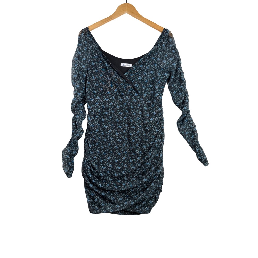 Hollister Distsy Floral Long Sleeve Mesh Bodycon Mini Dress size Large Black/Blu